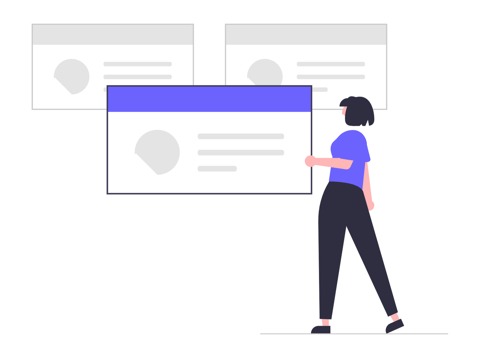 Flat Design Woman Interacting With Multiple Digital Information Windows