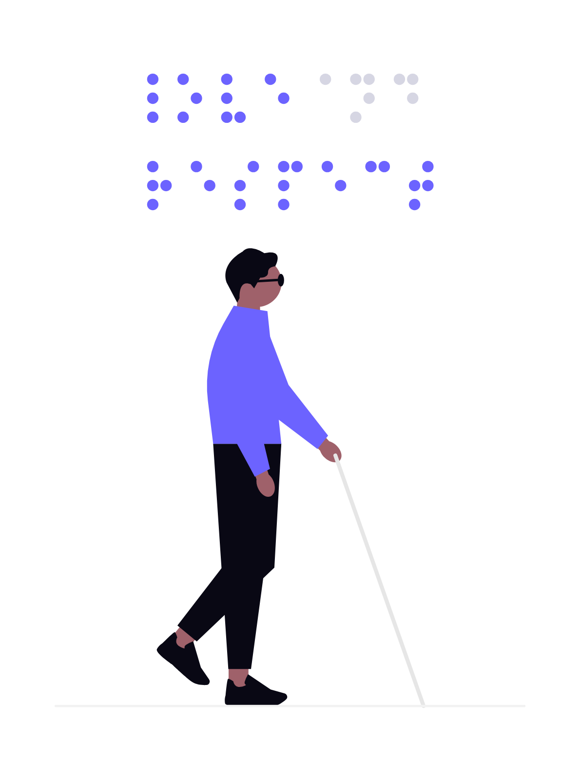 Flat Illustration Of Blind Person Walking With Cane And Braille Text