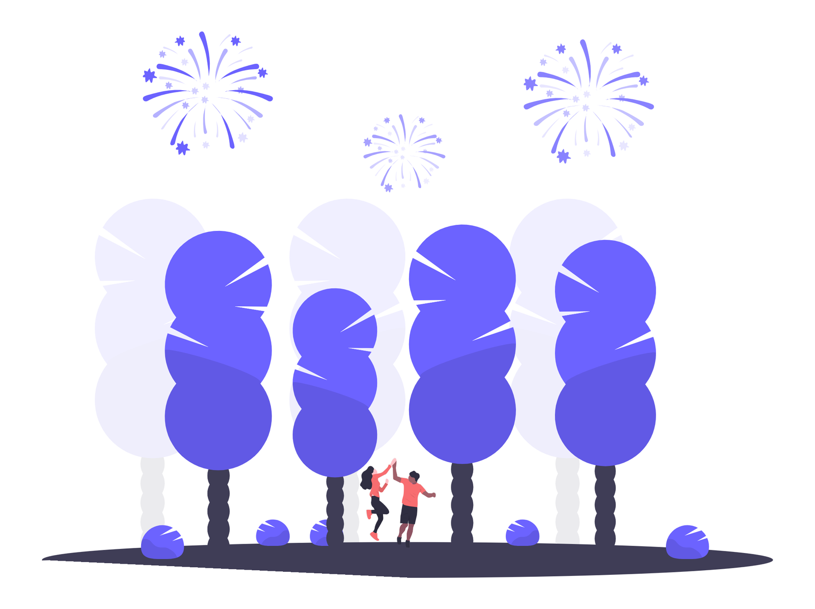 Flat Illustration Of People Celebrating Success With High Five And Fireworks