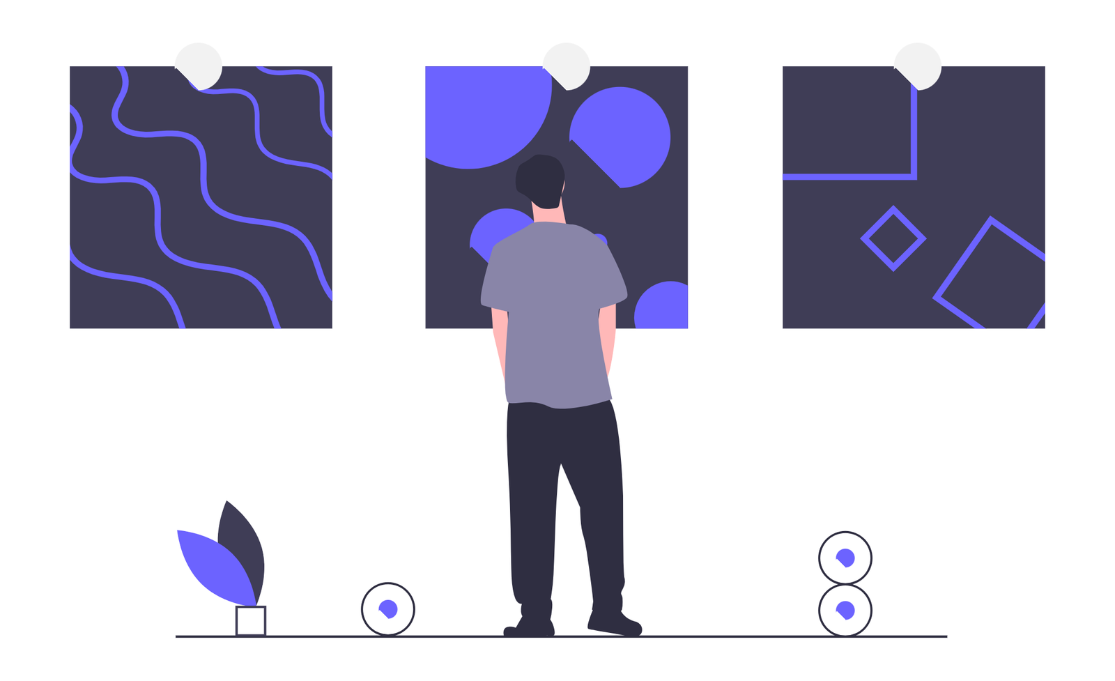 Flat Illustration Of Person Viewing Abstract Art Exhibition In A Gallery