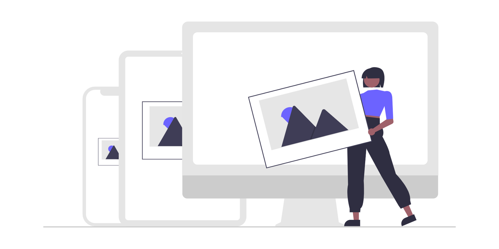 Flat Illustration Of Woman Placing Image On Responsive Digital Devices