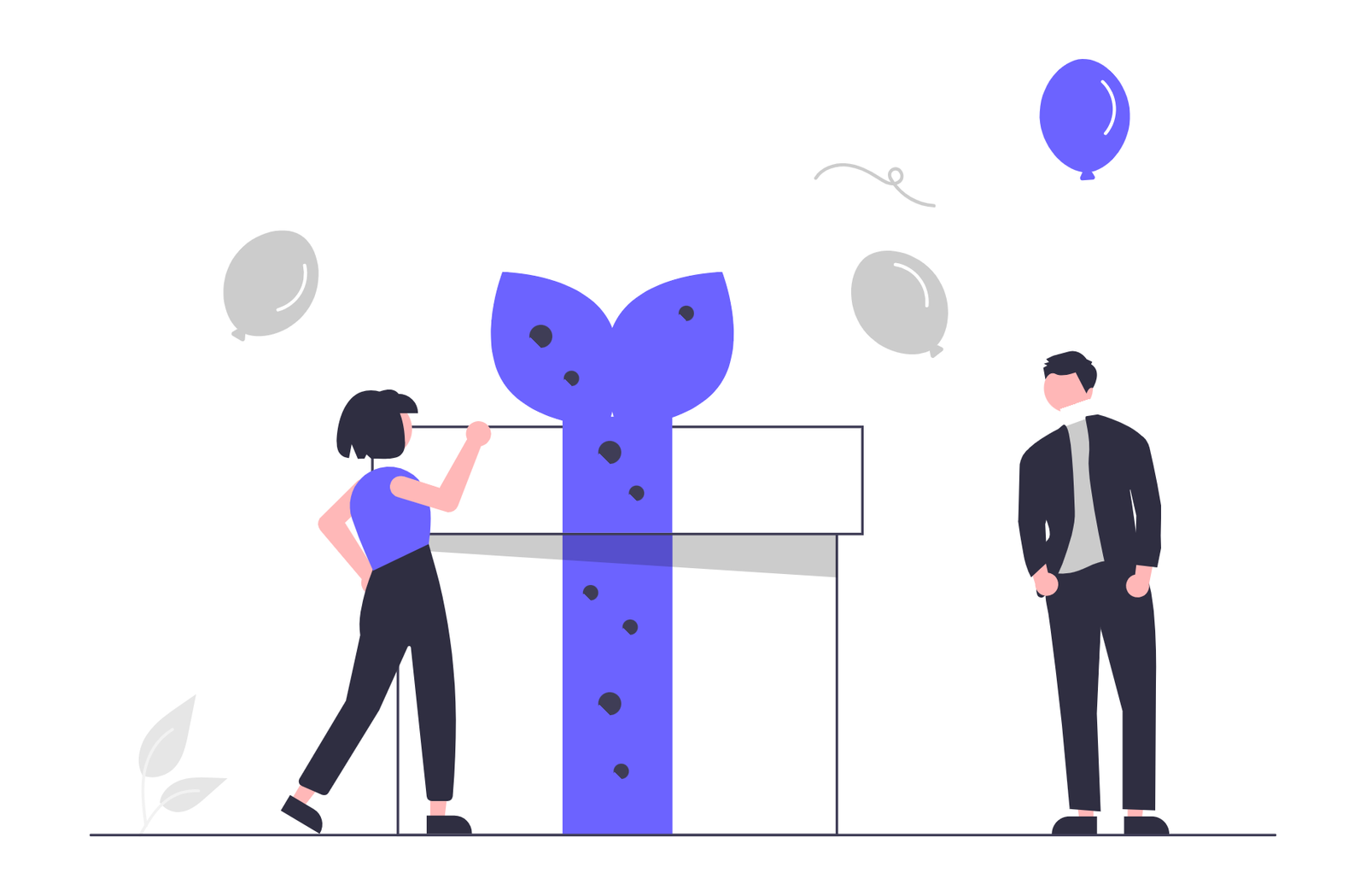 Flat Minimalist Illustration People With Big Gift Box And Balloons
