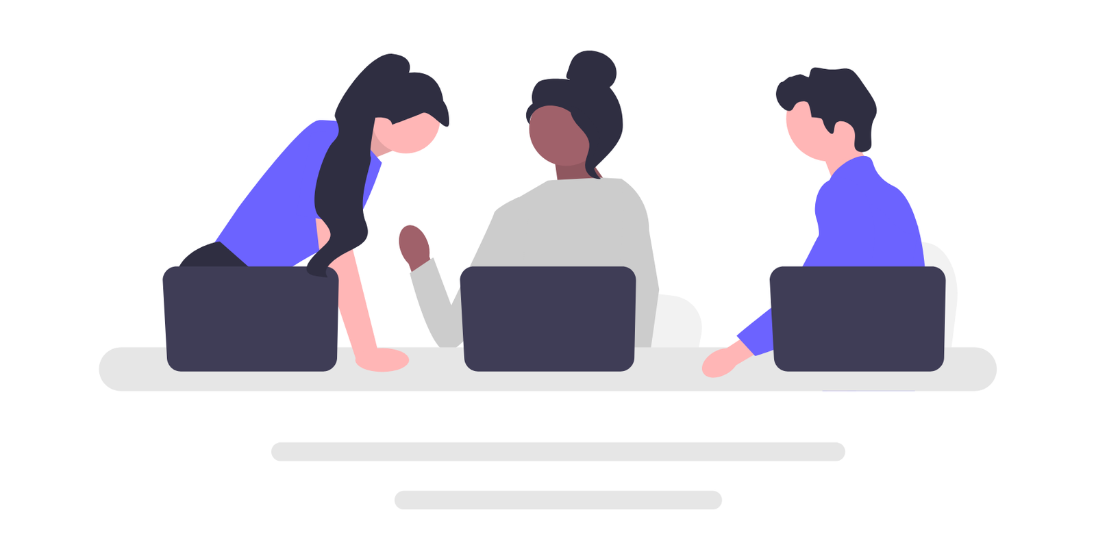 Flat Minimalist Illustration Of Diverse Team Collaborating On Laptops