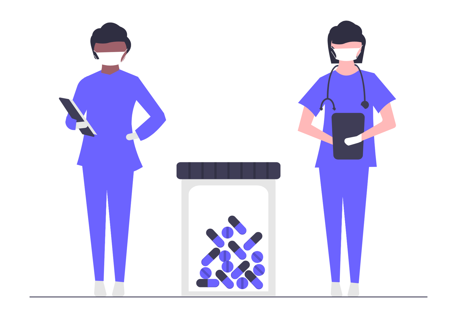 Flat Minimalist Illustration Of Medical Professionals With Masks And Pills Bottle