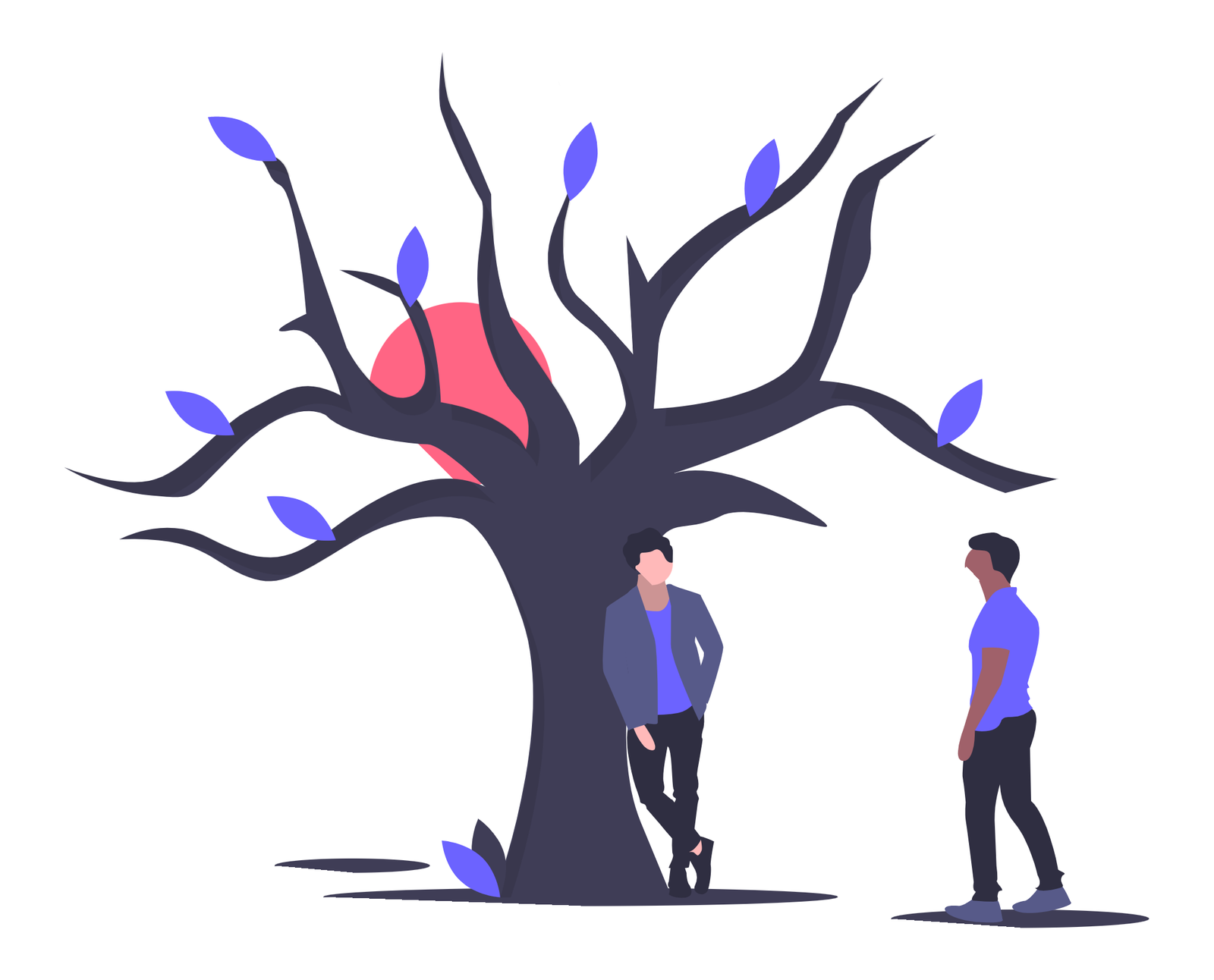 Flat Minimalist Illustration Of Men Standing Near Abstract Tree