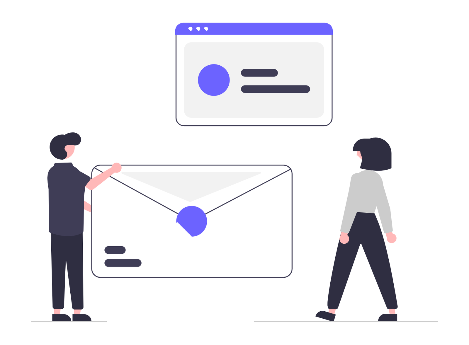 Flat Minimalist Illustration Of People Interacting With Email And Web