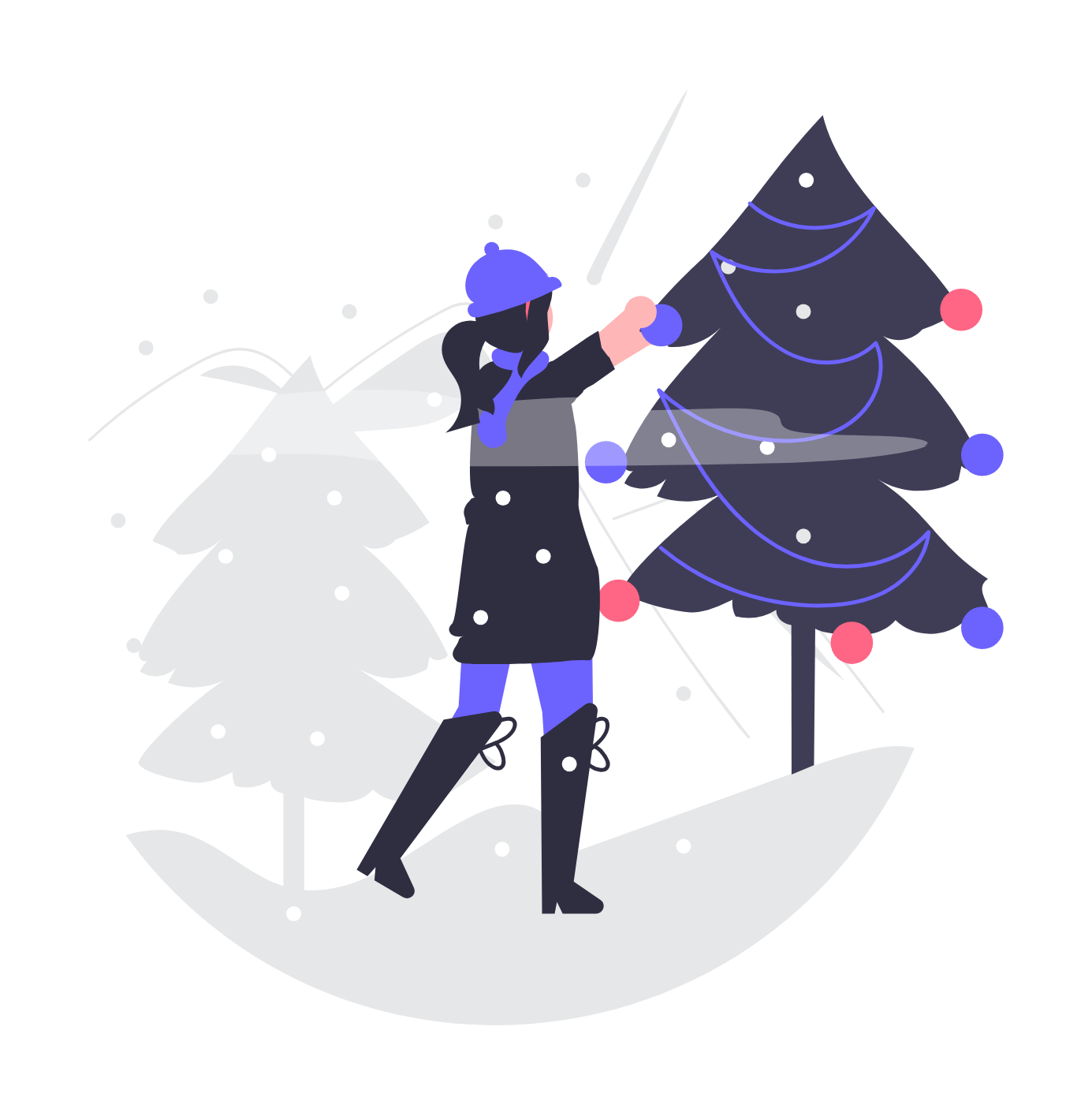 Flat Minimalist Illustration Of Person Decorating Christmas Tree Outdoors