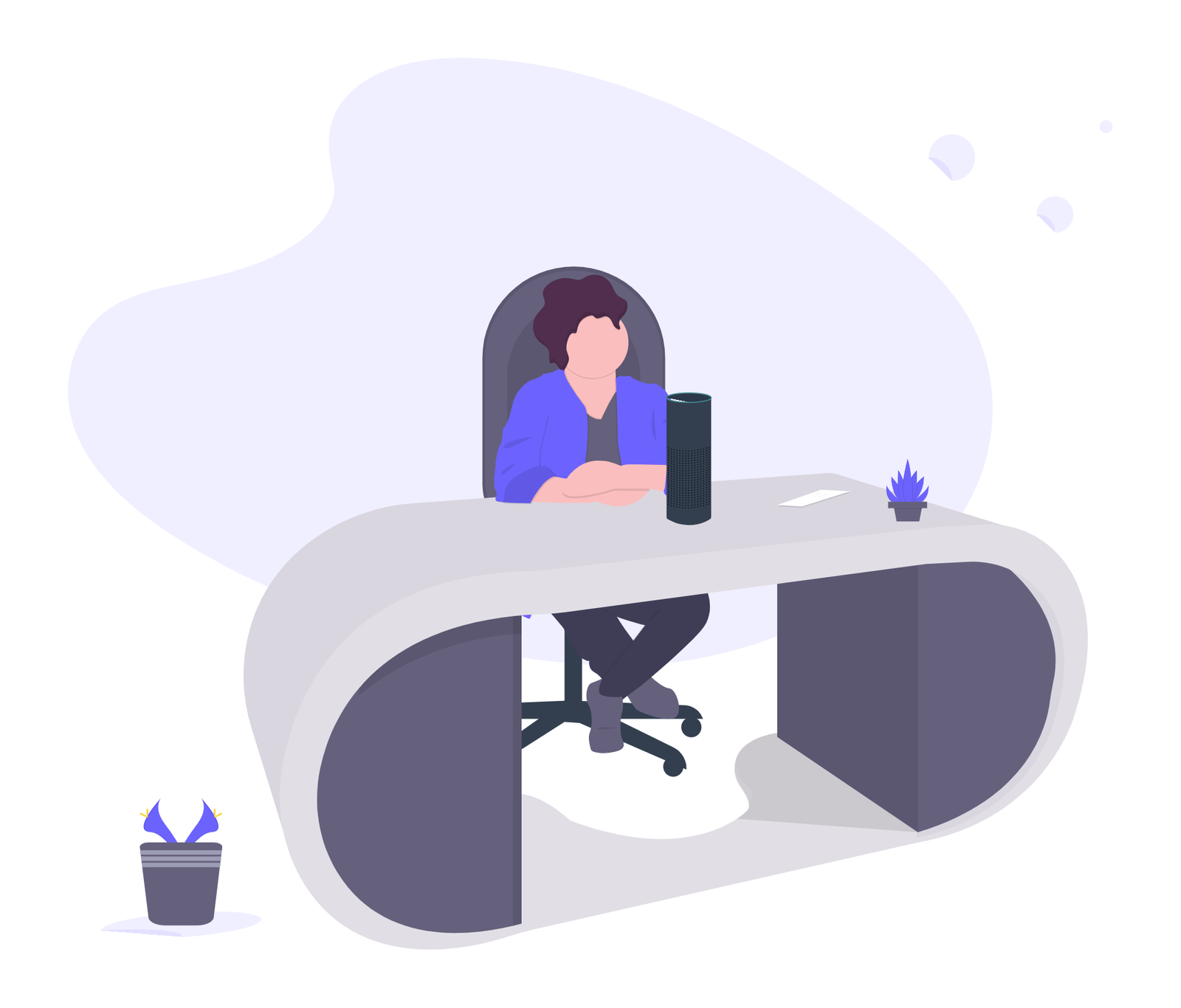 Flat Minimalist Illustration Of Person Using Smart Speaker At Modern Desk