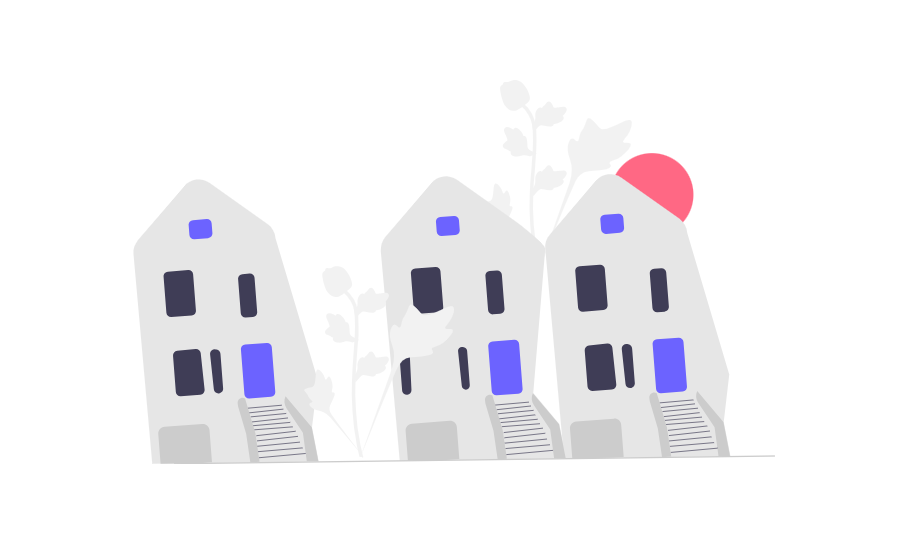 Flat Minimalist Illustration Of Three Houses With Subtle Botanical Background