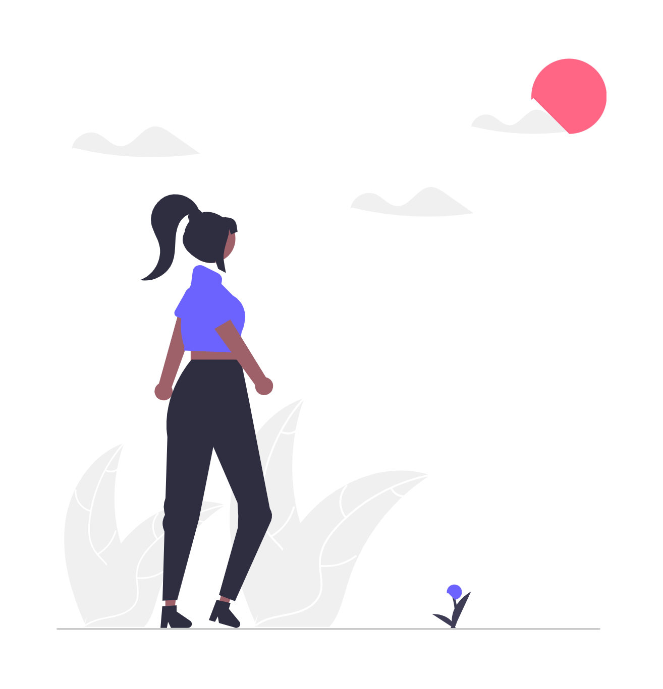 Flat Minimalist Illustration Of Woman Walking Towards Horizon With Sun