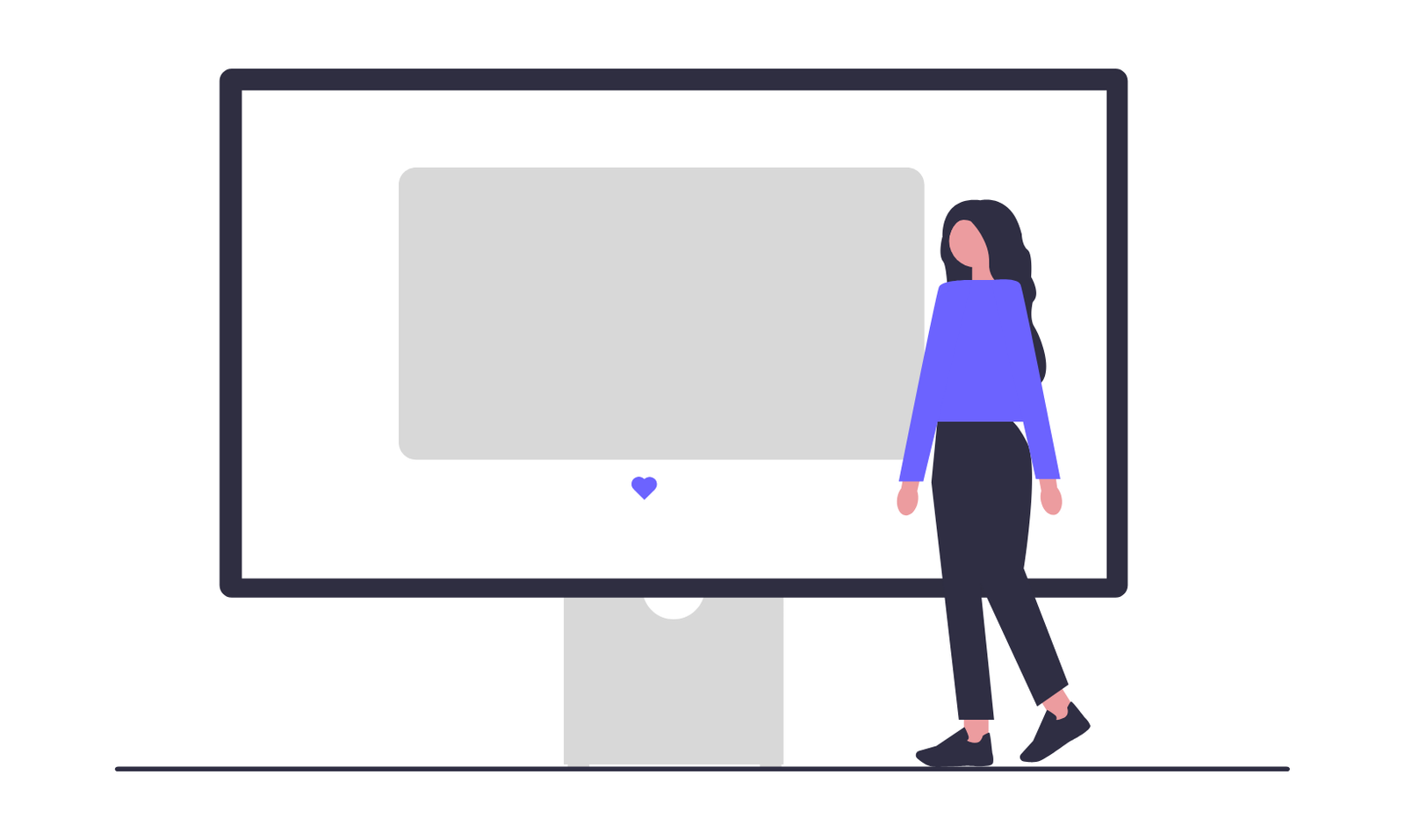 Flat Minimalist Illustration Of Woman With Large Computer Monitor