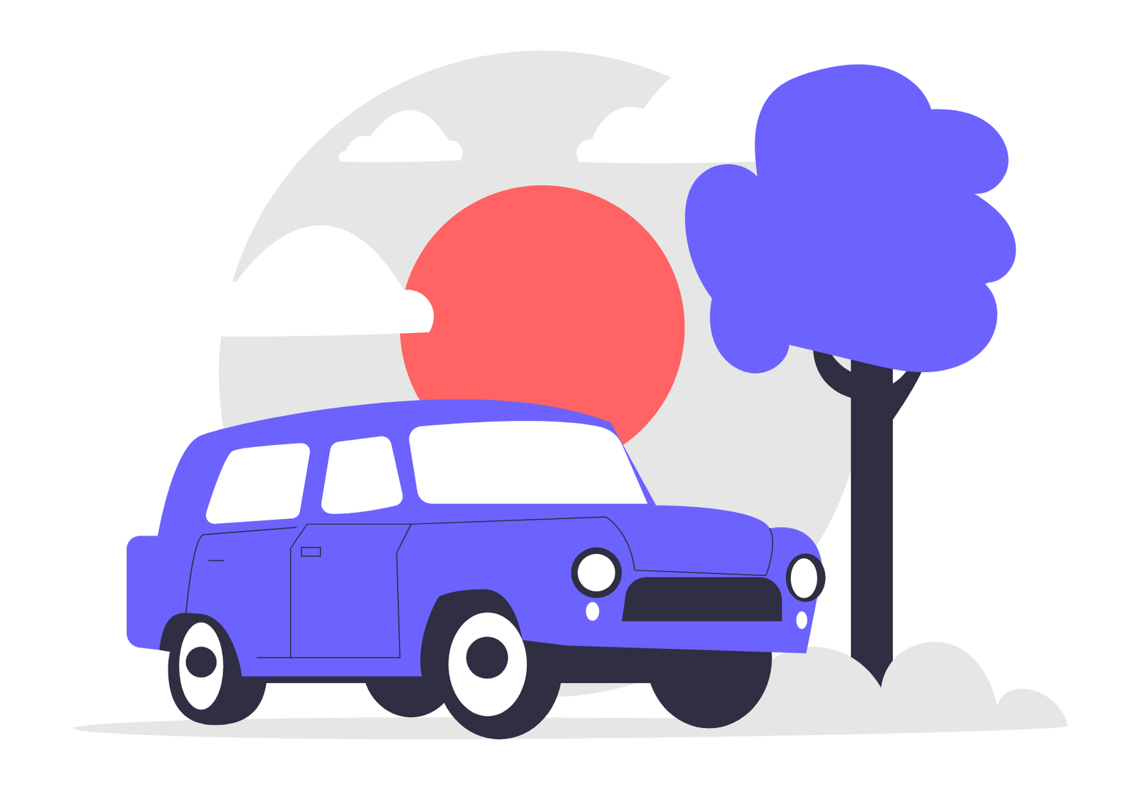 Flat Minimalist Illustration Of A Purple Car With Tree And Sun