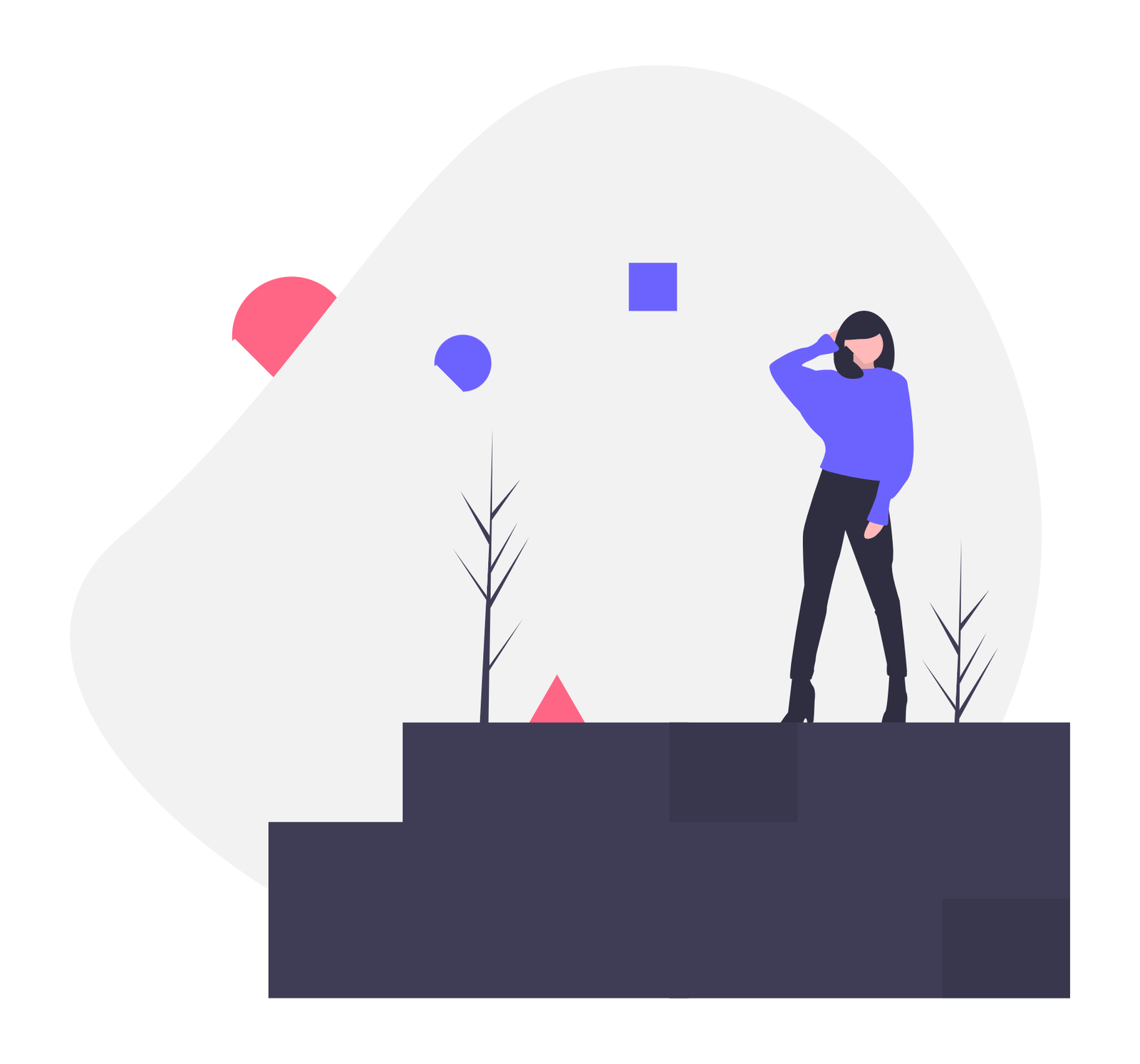 Flat Minimalist Illustration Of A Woman Pondering On A Platform With Abstract Shapes