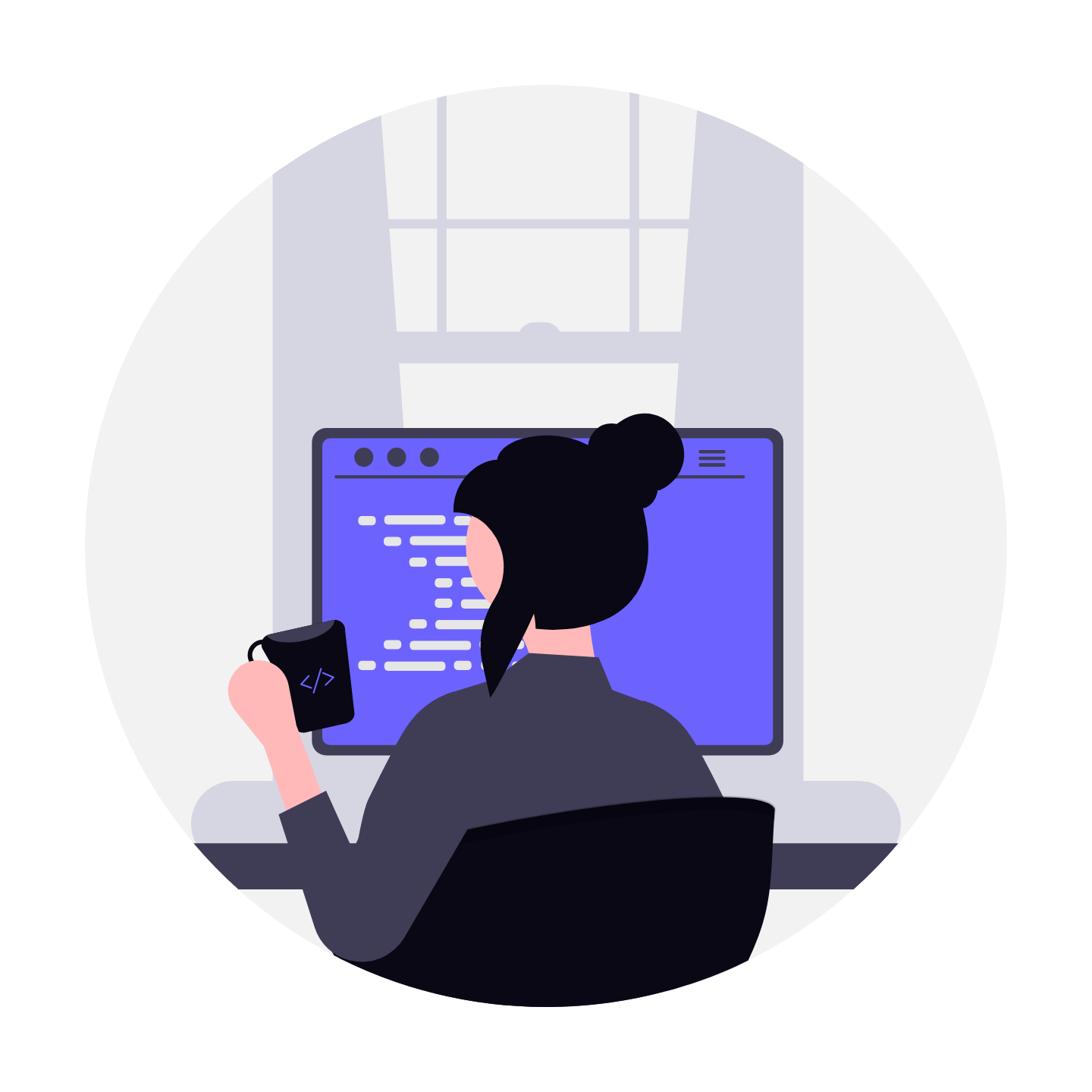 Flat Minimalist Illustration Of A Woman Programmer Coding At Desk