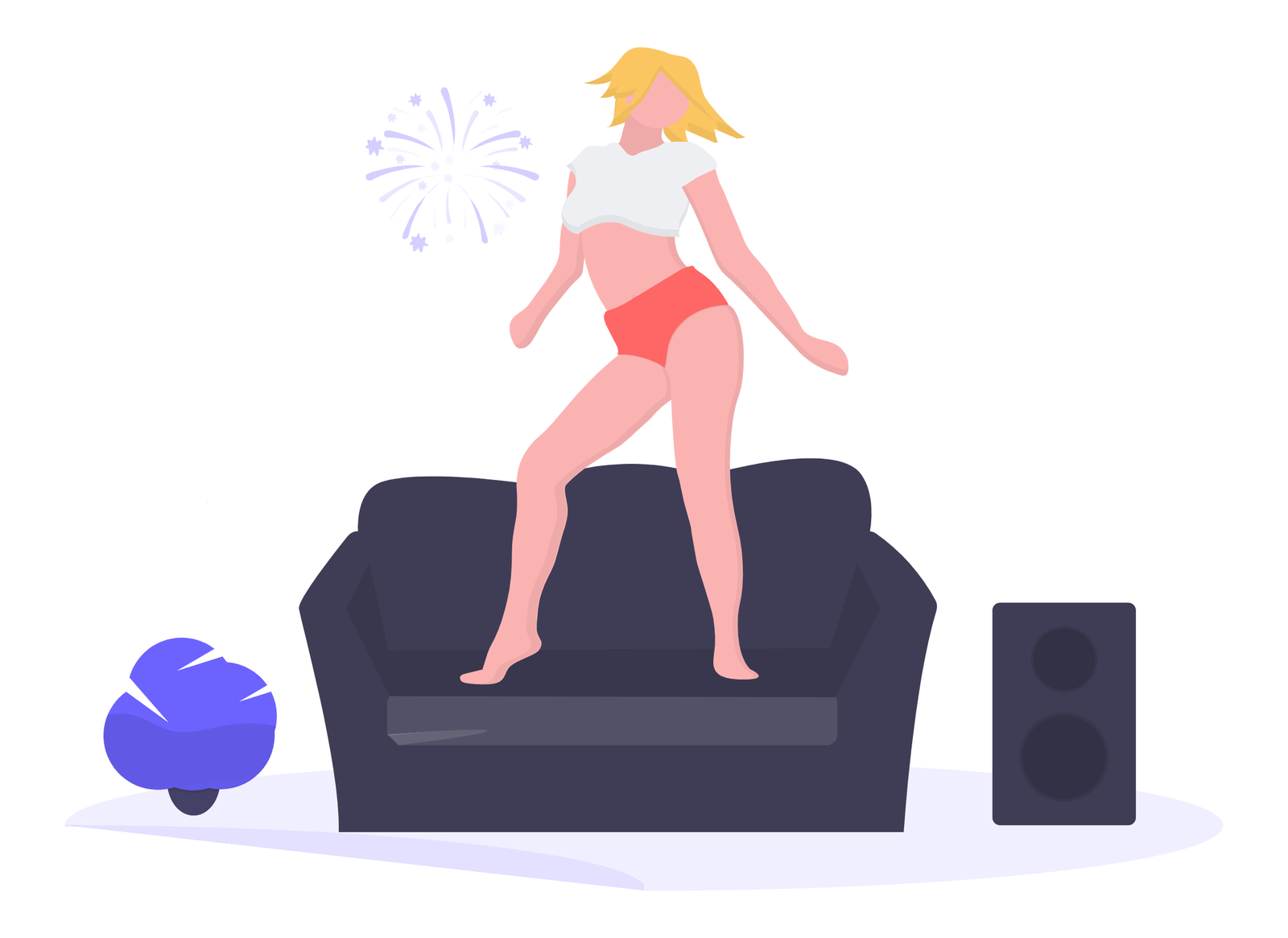 Flat Illustration Of Woman Dancing On Sofa During A Home Party Celebration