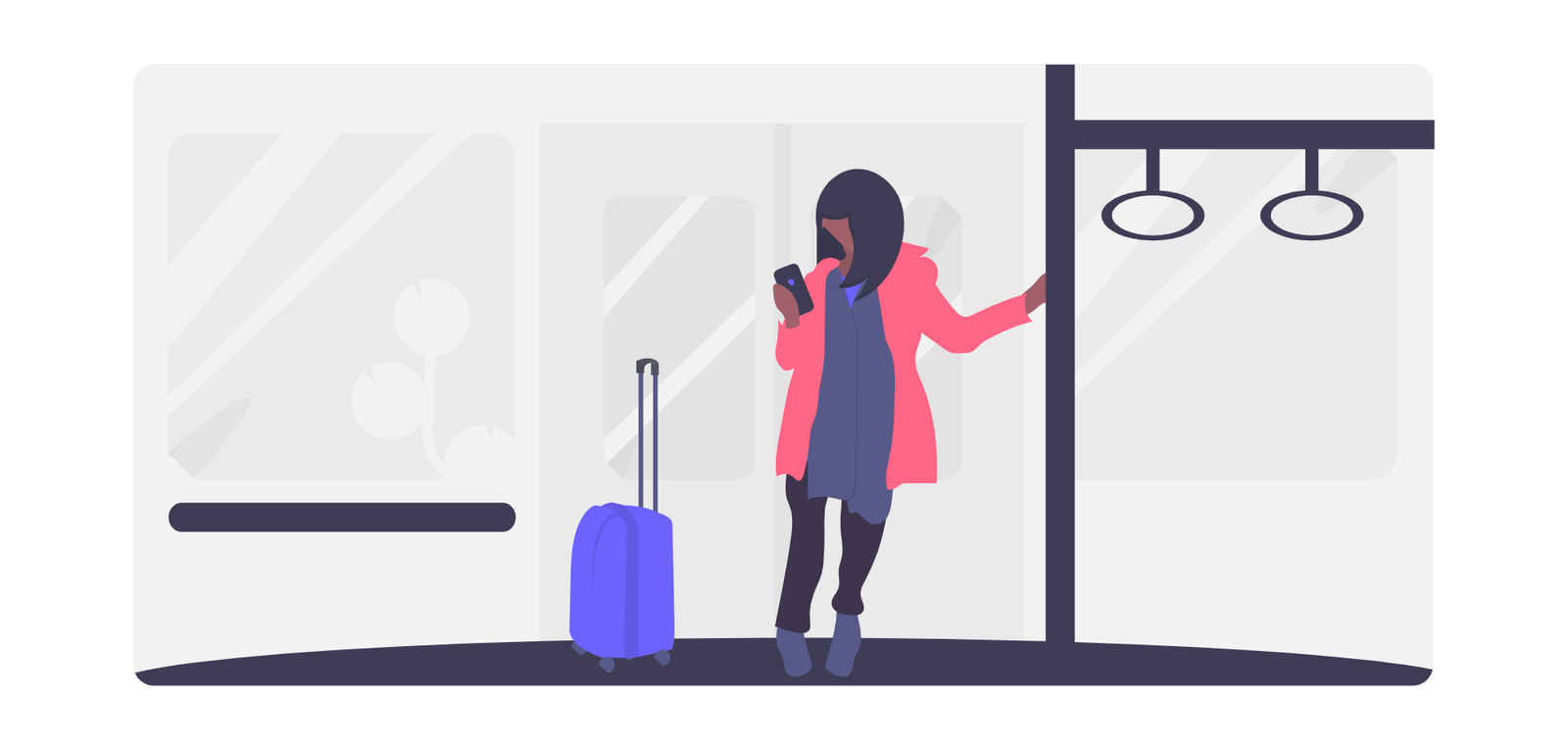 Flat Illustration Of Woman Traveler With Smartphone And Luggage On Public Transport