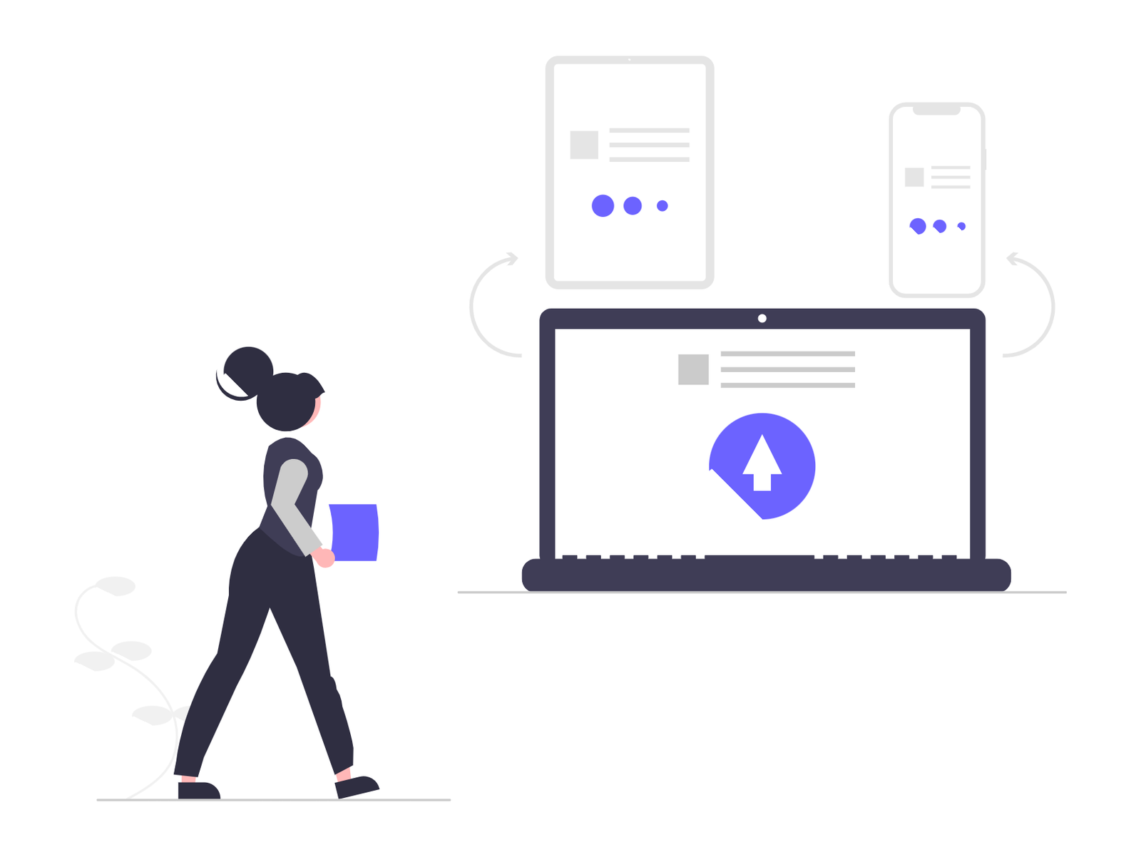 Flat Minimalist Illustration Of Woman Transferring Data Across Multiple Devices