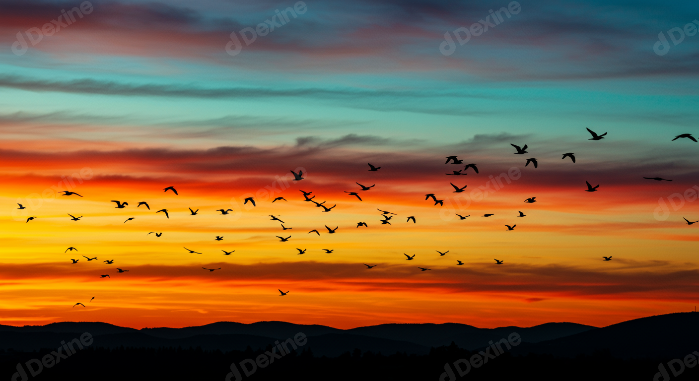 Flock Of Birds Silhouetted Against Vibrant Sunset Sky