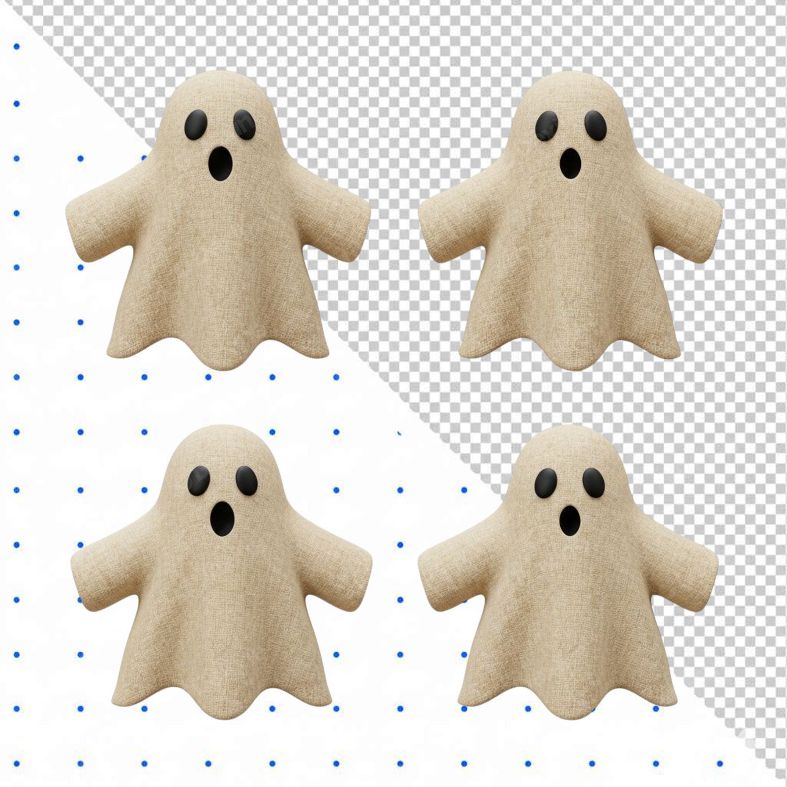 Four 3D Fabric Ghosts PNG Isolated On Transparent Background For Halloween