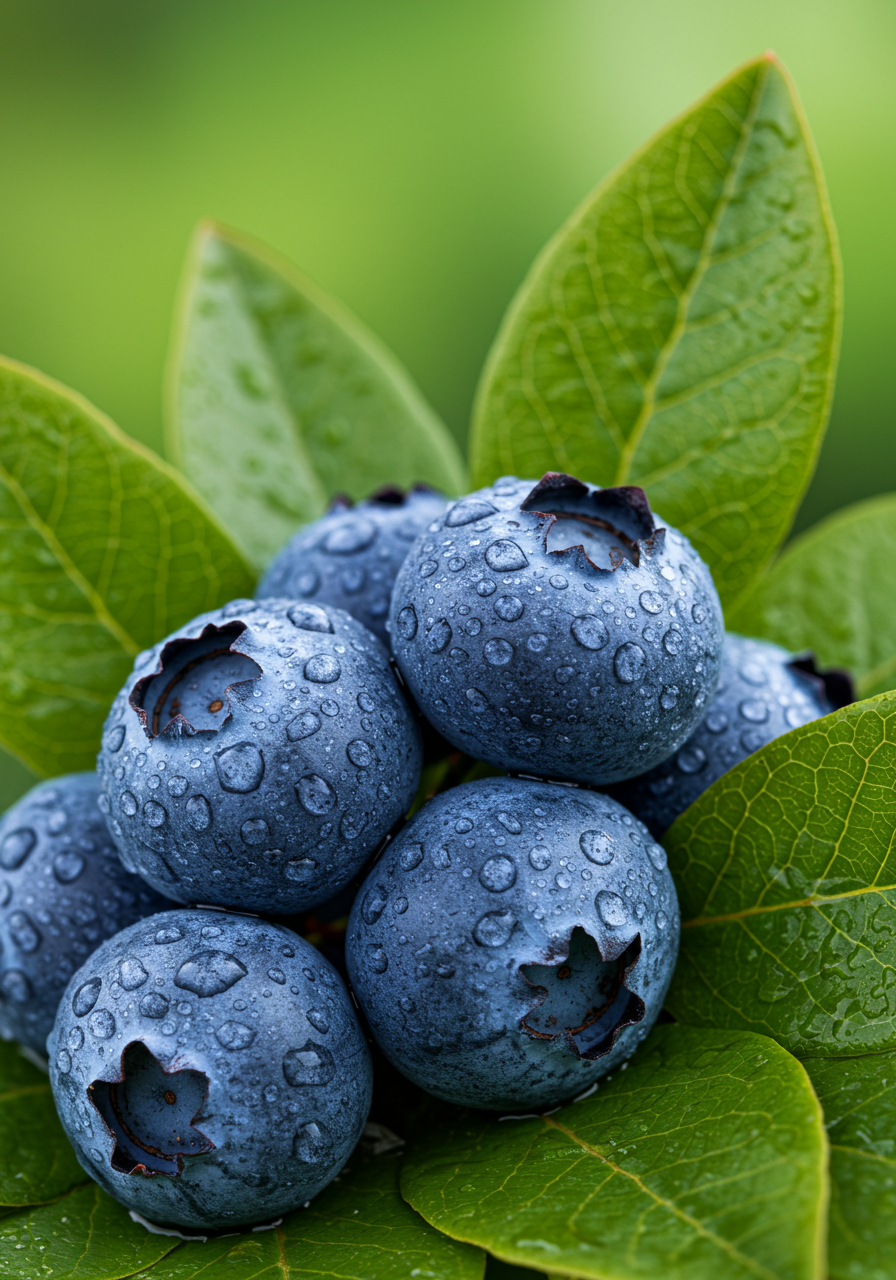 Fresh Blueberries With Dew Drops On Green Leaves Healthy Superfood