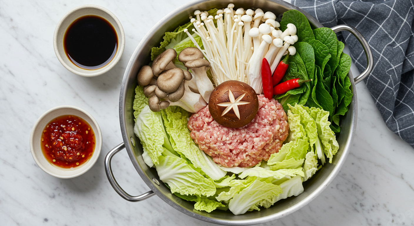Fresh Ingredients For Authentic Shabu Shabu Or Asian Hot Pot Meal