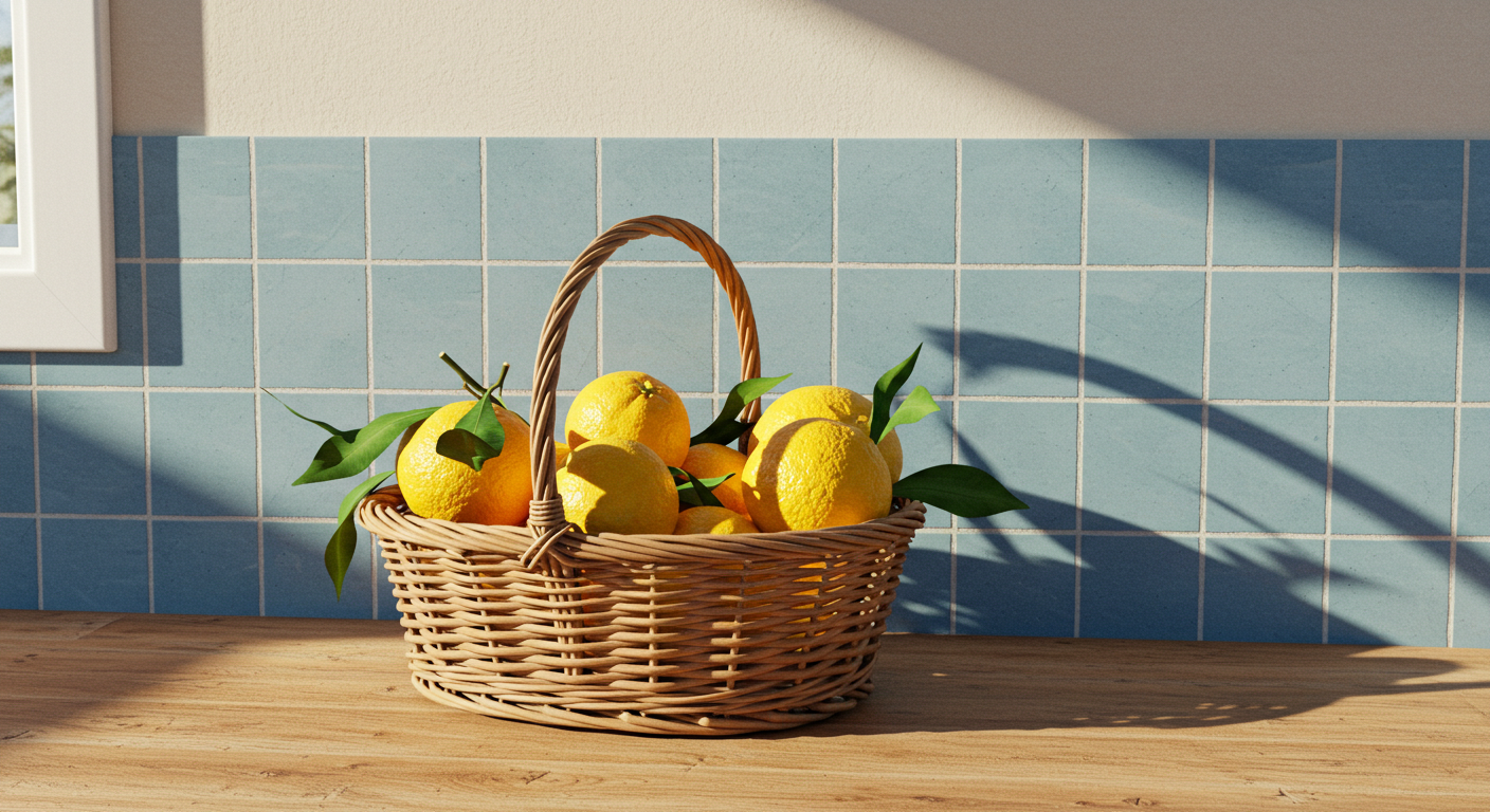 Fresh Lemons In Wicker Basket On Wooden Counter With Sunny Shadows