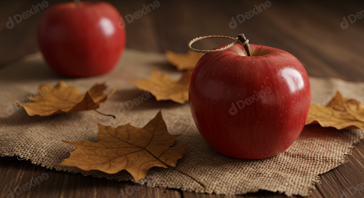 Fresh Red Apples With Autumn Leaves On Rustic Wooden Background