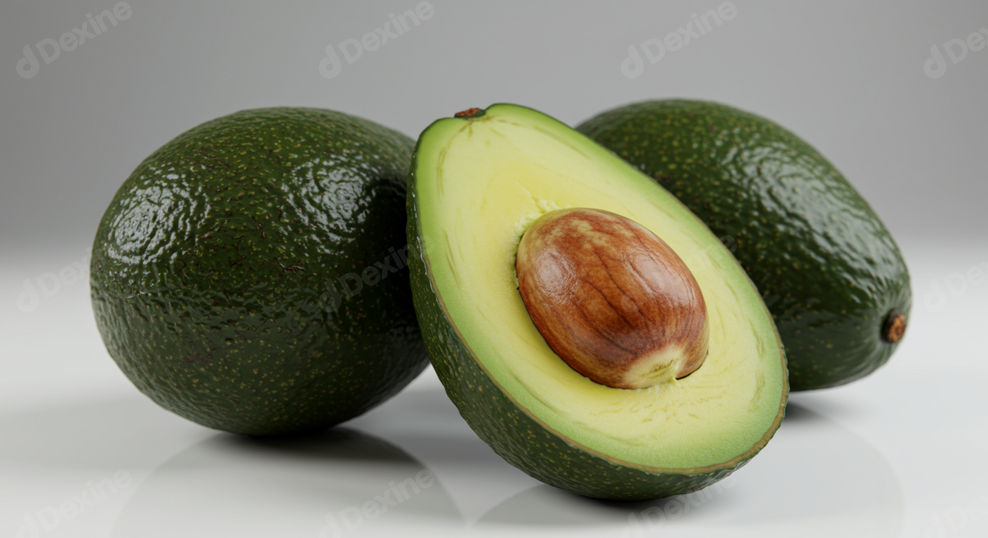 Fresh Ripe Avocados Whole And Halved For Healthy Eating