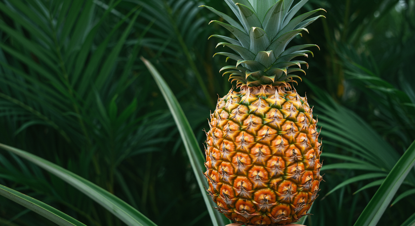 Fresh Ripe Pineapple In Tropical Jungle Setting