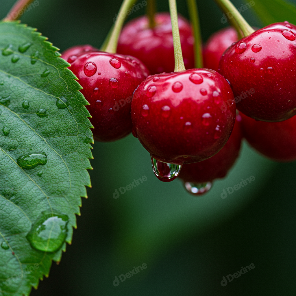 Fresh Ripe Red Cherries With Sparkling Water Drops And Green Leaf