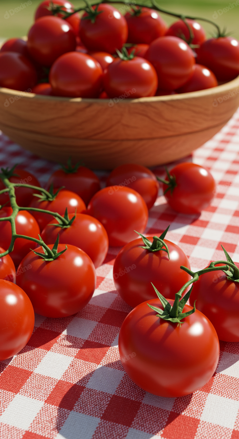 Fresh Ripe Red Tomatoes In Wooden Bowl On Checkered Tablecloth