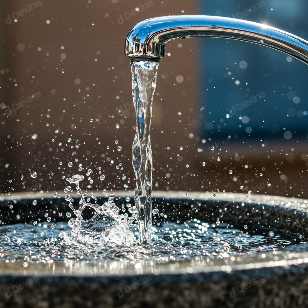 Fresh Water Splashing From Chrome Faucet Into Basin