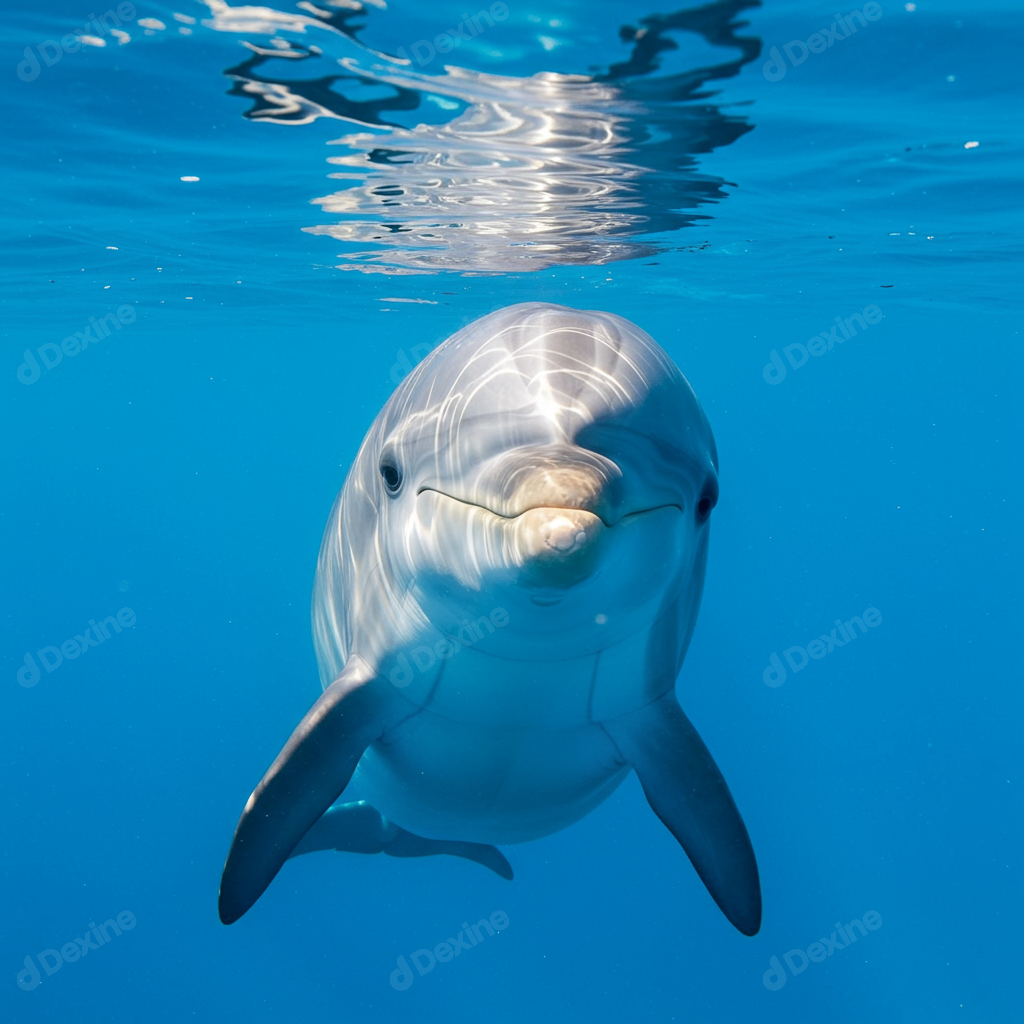 Friendly Dolphin Swimming Underwater In Clear Blue Ocean