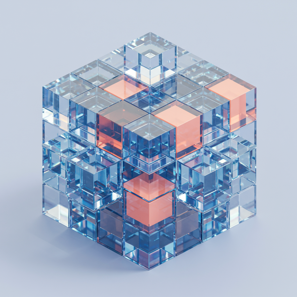 Geometric Glass Cube Structure With Interlocking Orange Blocks
