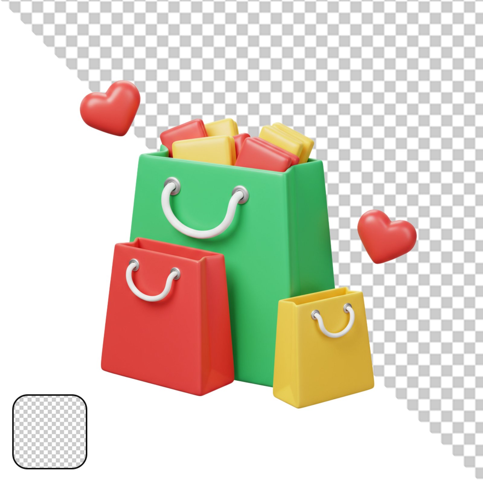 Glossy 3D Shopping Bags With Hearts Isolated PNG For E Commerce