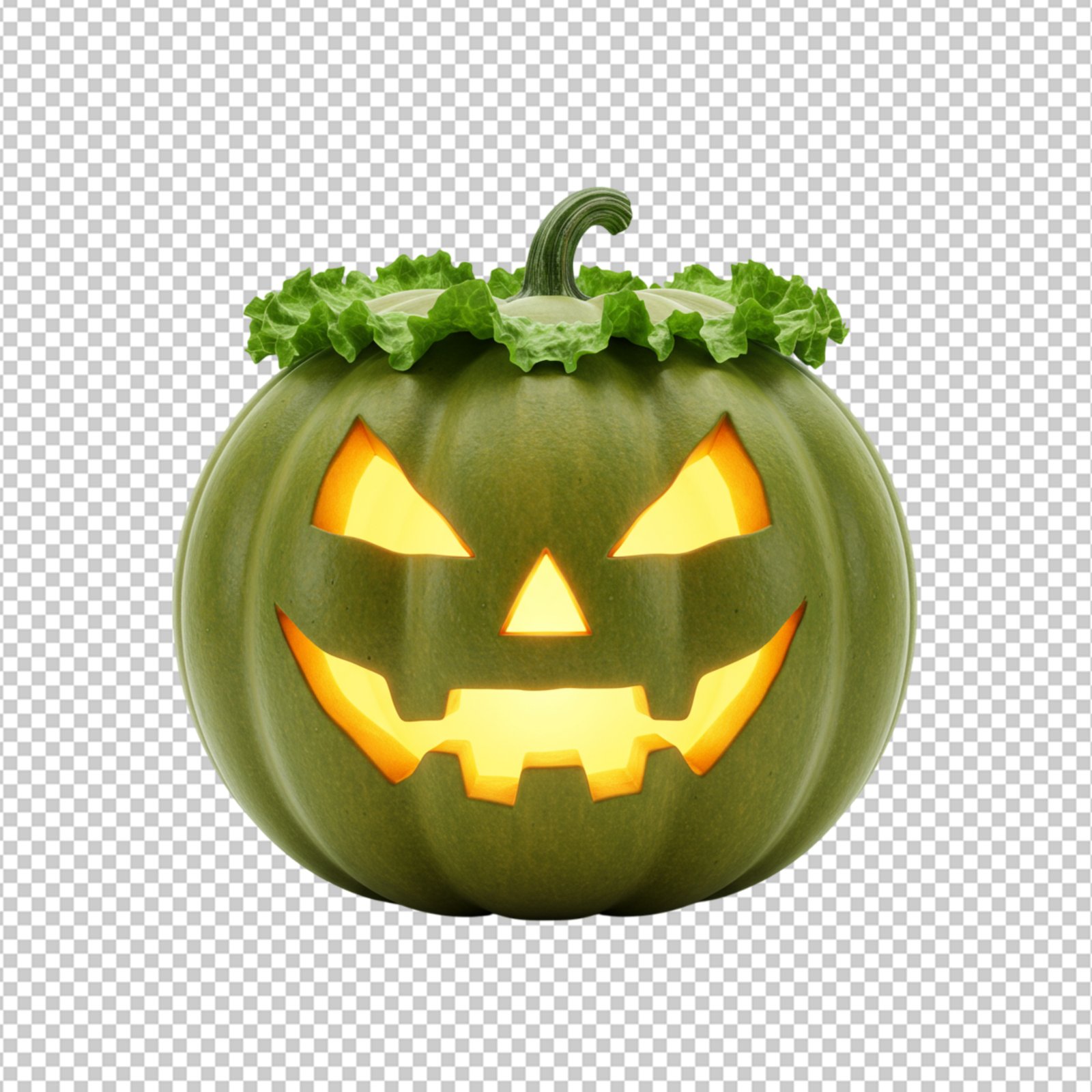 Glowing Green Jack O Lantern With Lettuce Leaves Isolated Transparent Halloween PNG