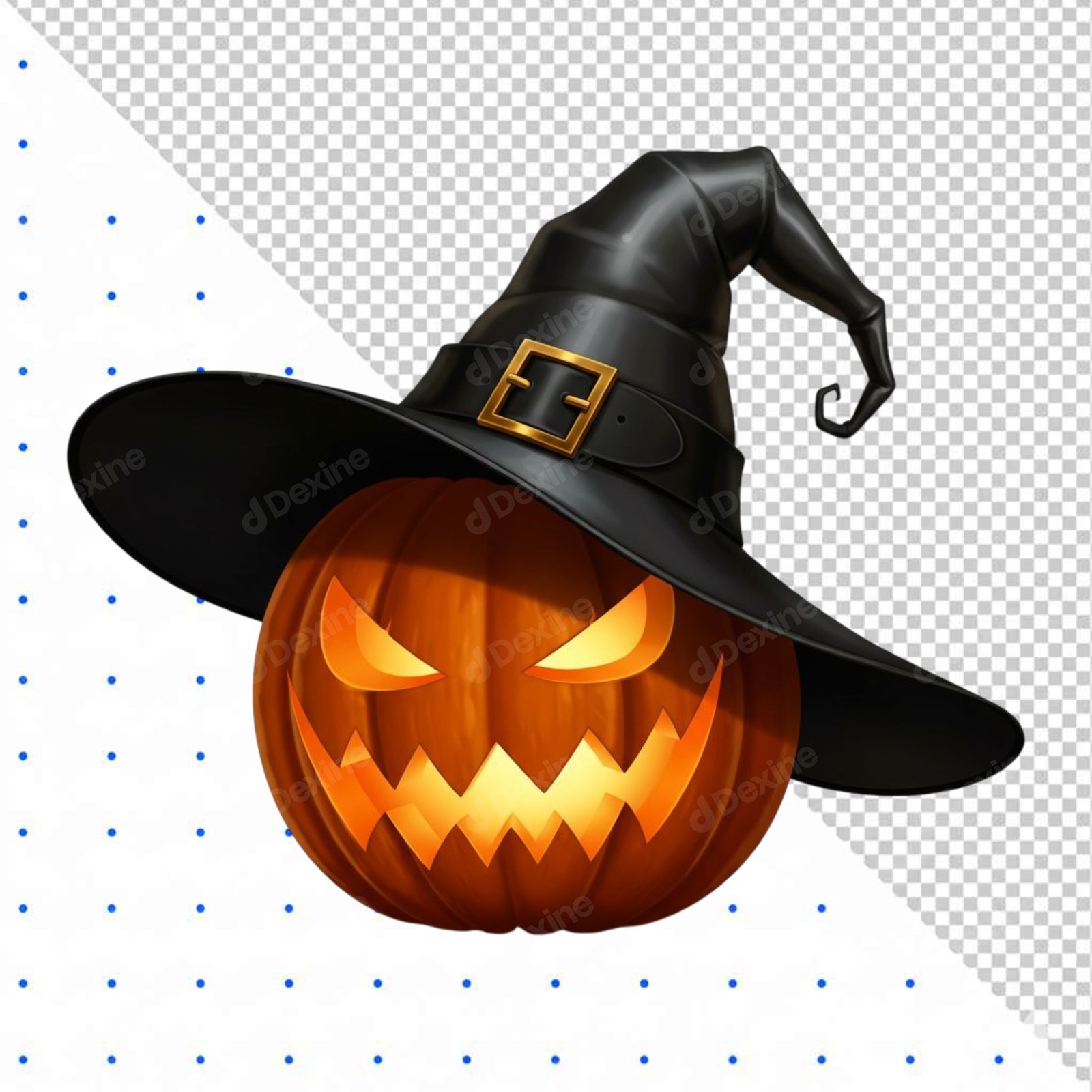 Glowing Halloween Jack O Lantern Wearing Witch Hat Isolated On Transparent Background