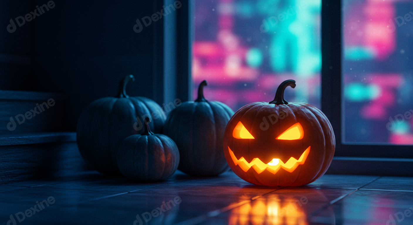 Glowing Halloween Jack O Lantern And Pumpkins By A Dark Window
