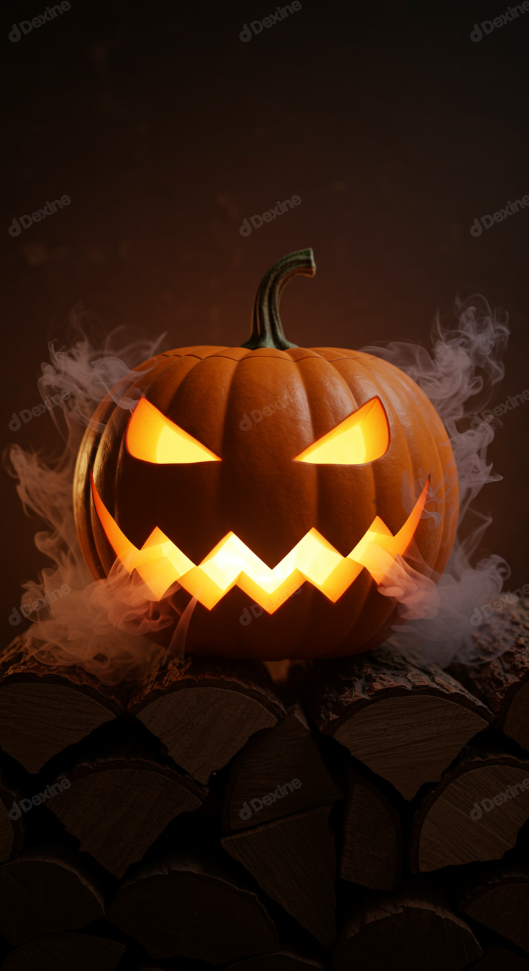 Glowing Jack O Lantern With Eerie Smoke On Woodpile For Halloween