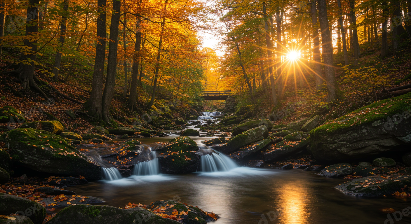Golden Autumn Forest Stream With Sunrays Through Trees And Bridge