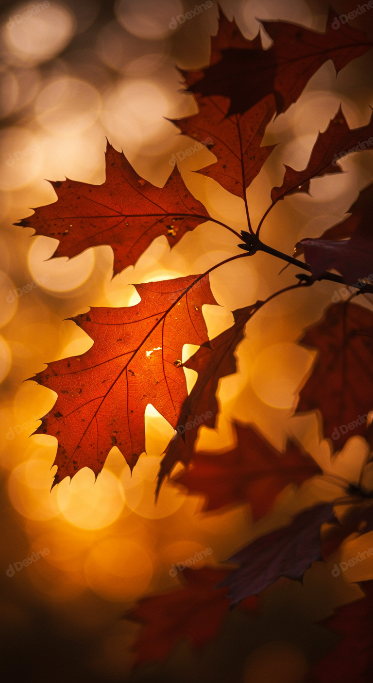 Golden Autumn Leaves Bathed In Warm Sunset Bokeh Light