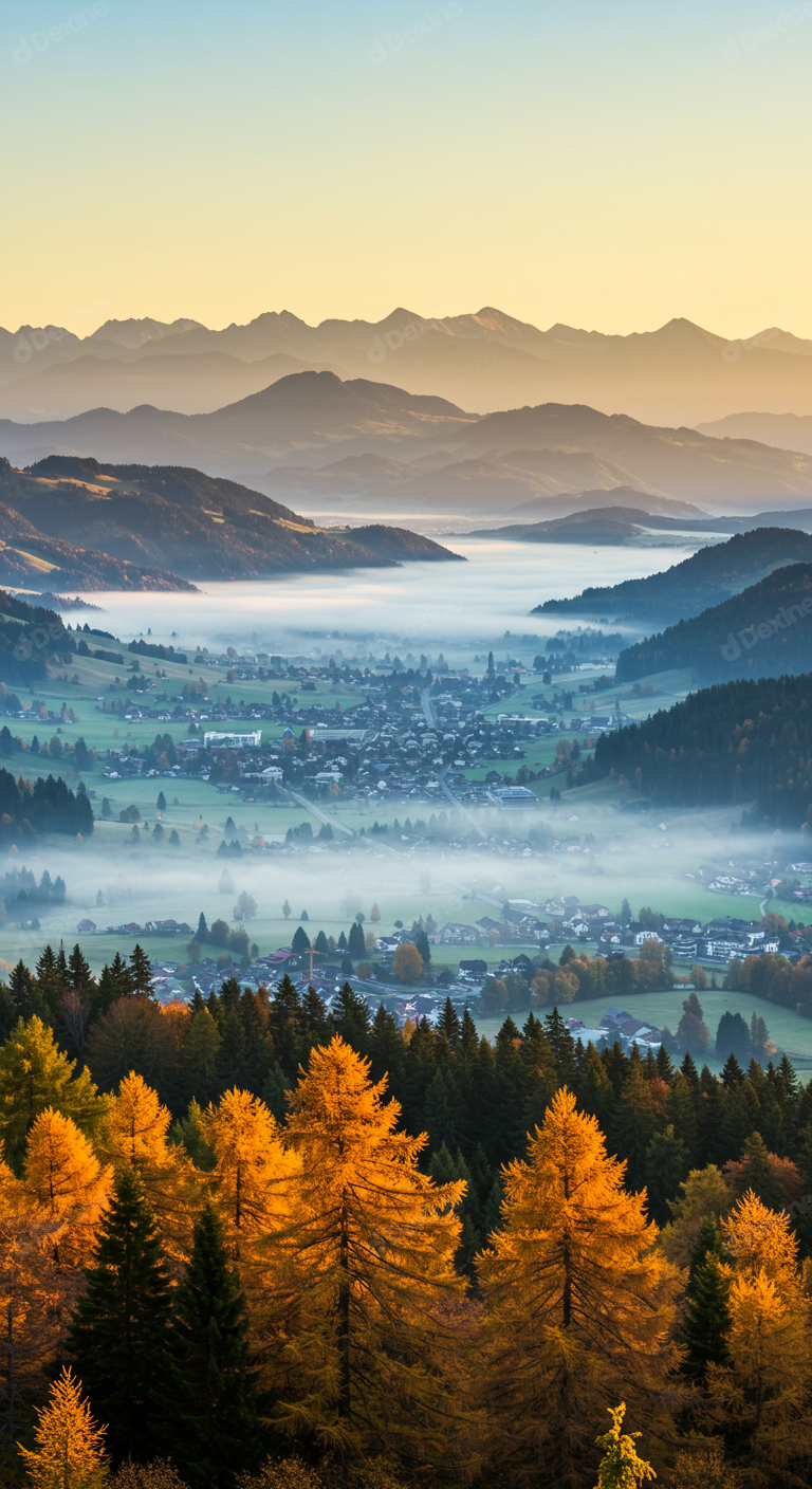 Golden Autumn Trees And Misty Valley In Mountain Landscape At Sunrise