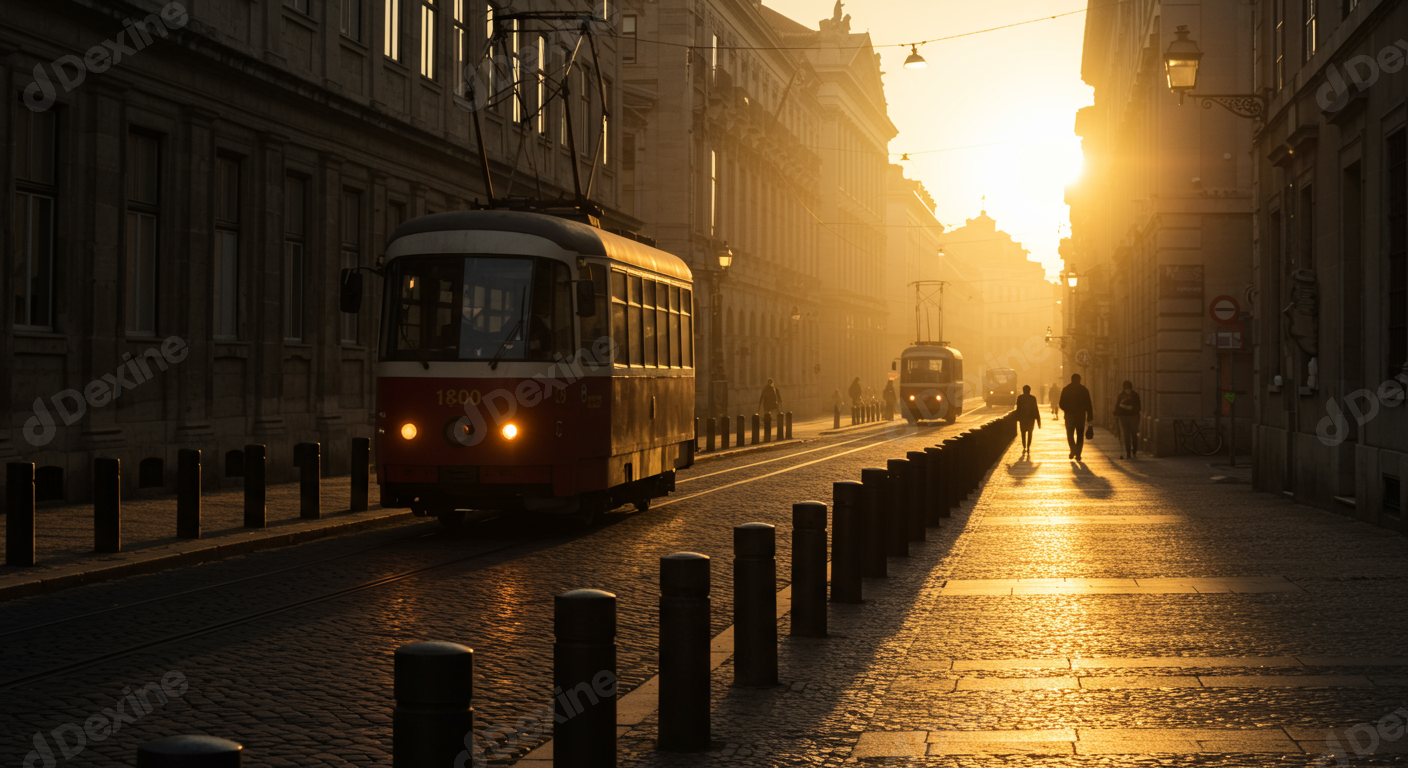 Golden Hour City Street With Vintage Trams And Silhouettes