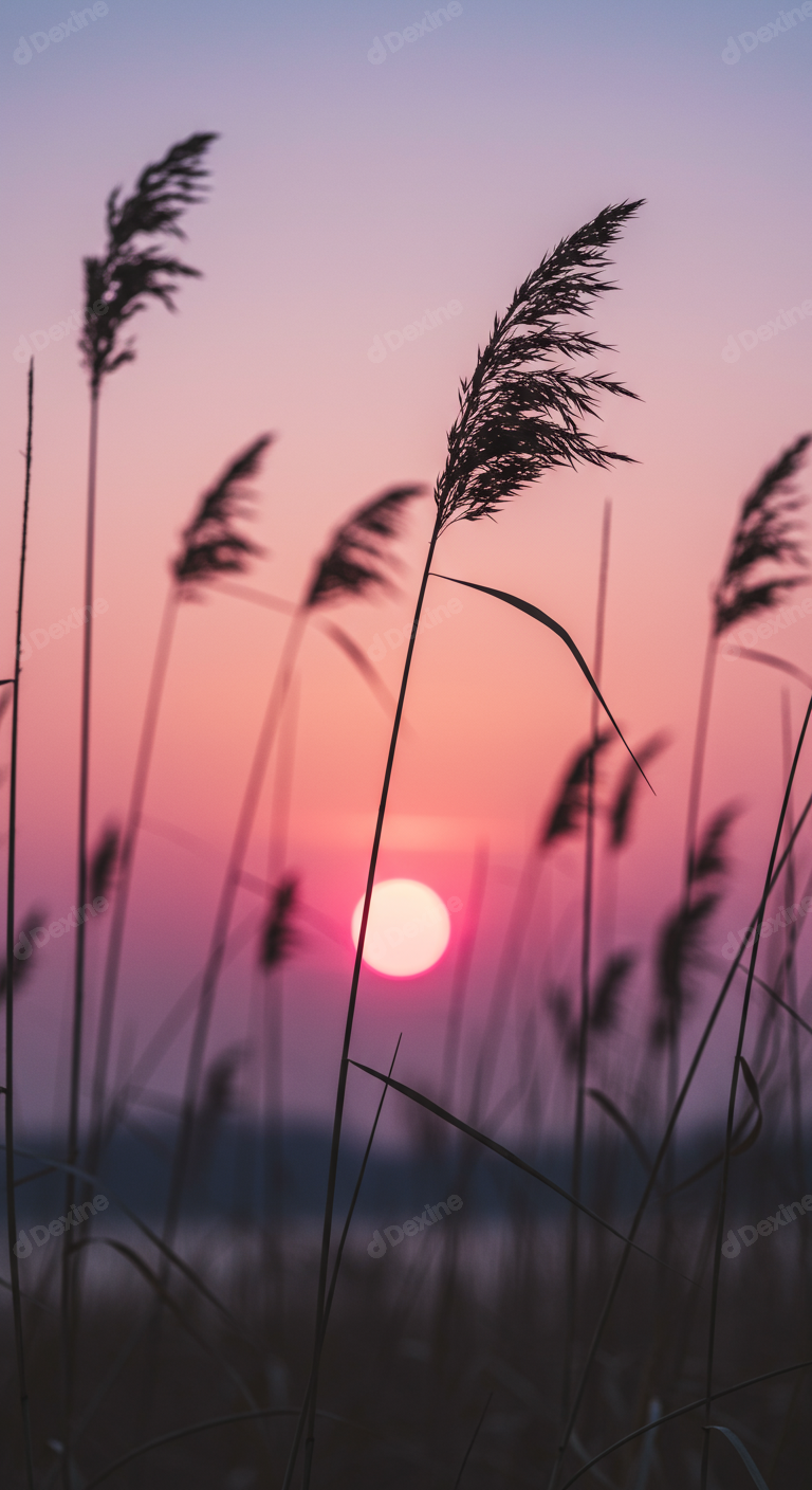 Golden Hour Sunset Behind Silhouetted Reeds In Tranquil Marshland