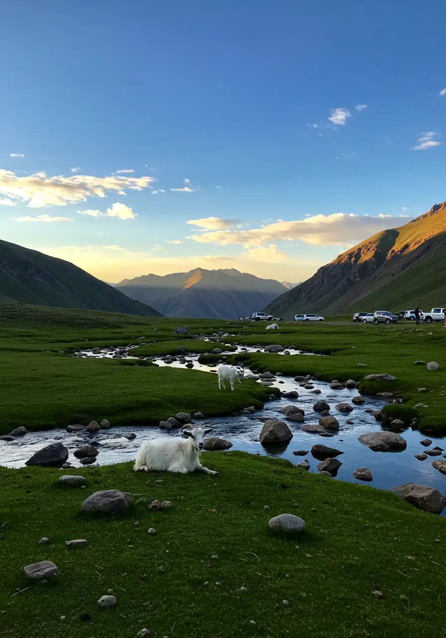 Golden Hour In Mountain Valley With Grazing Goats And Winding Stream