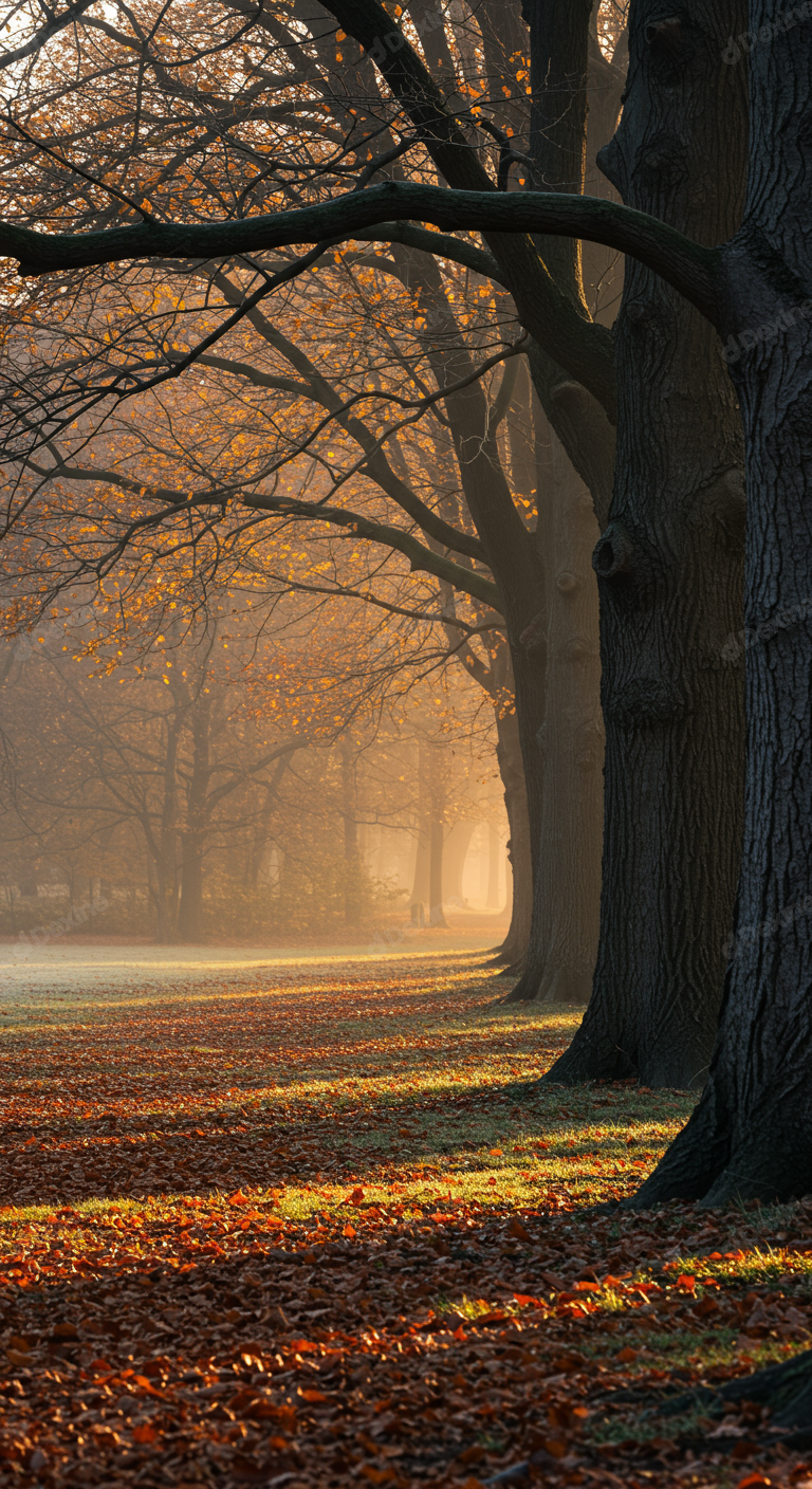 Golden Sunlight Illuminates Misty Autumn Park Avenue With Fallen Leaves