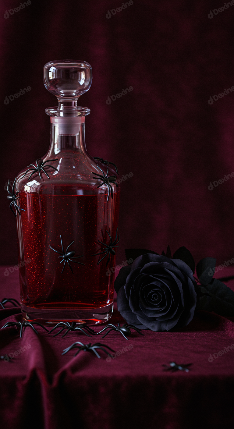Gothic Potion Bottle With Spiders Glittering Elixir And Black Rose