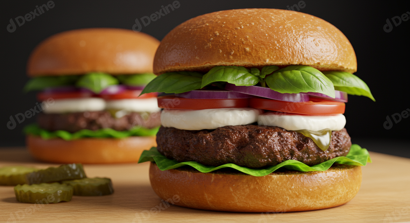 Gourmet Beef Burger With Fresh Vegetables And Basil Leaves