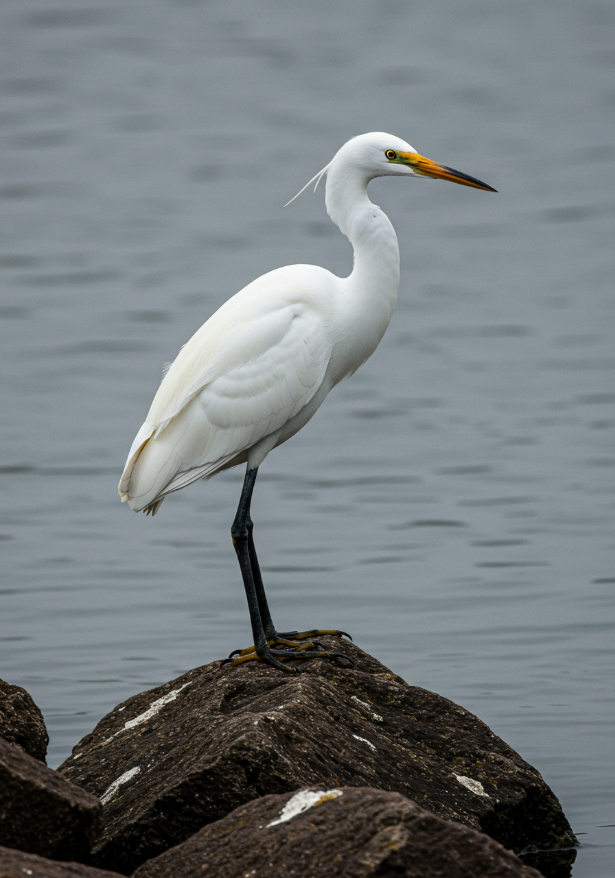 Graceful Great Egret Perched On Rock In Wetland