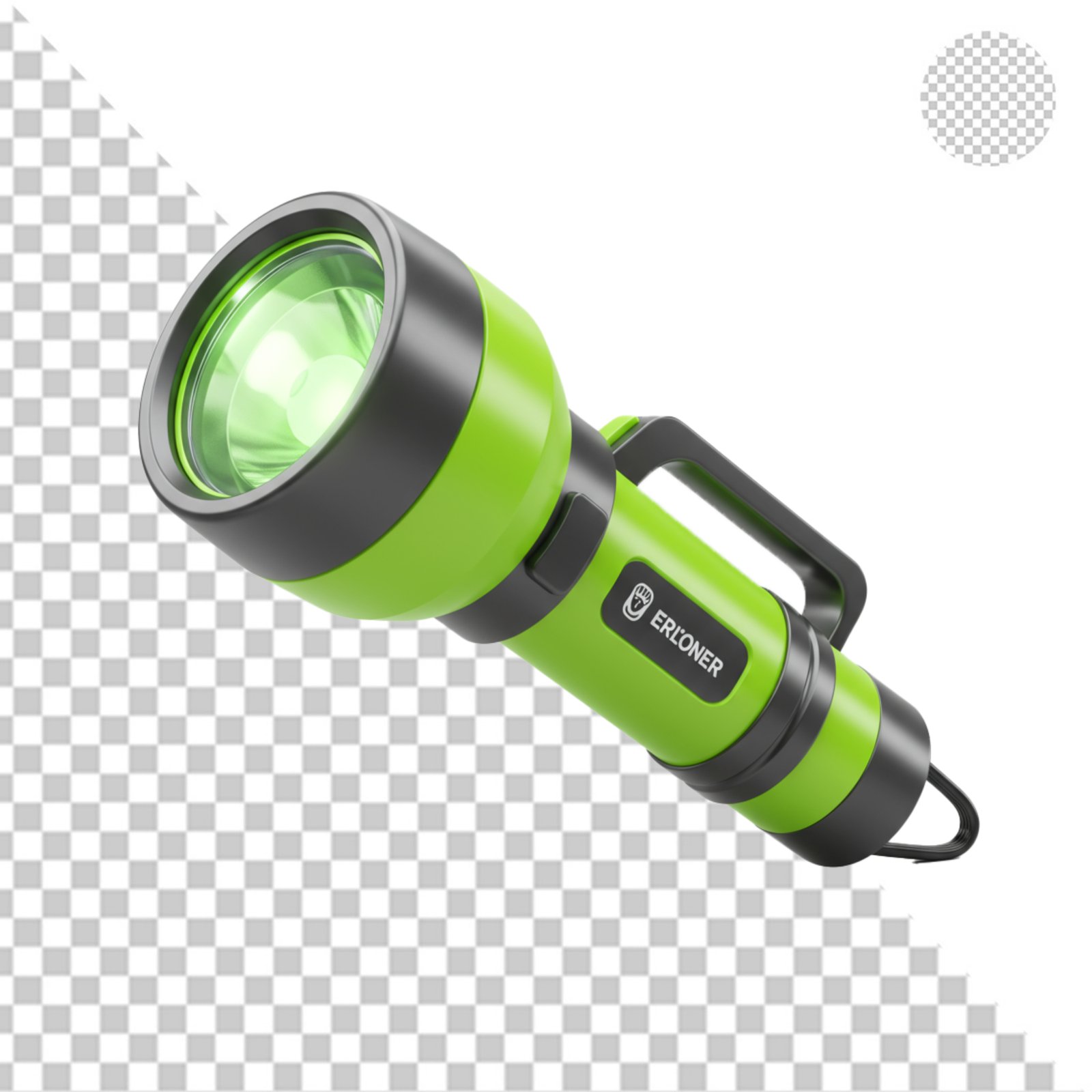 Green Flashlight With Bright Beam Isolated On Transparent Background